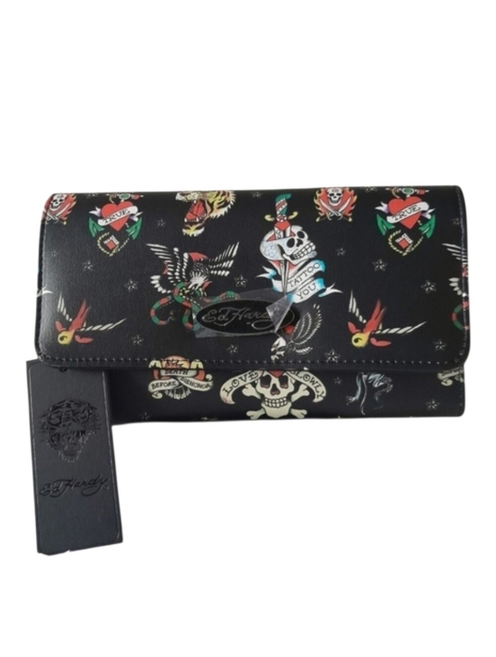 ED HARDY SKULL Tattoo Tiger Print Snap Clutch Wallet Loves Kill Slowly NWT